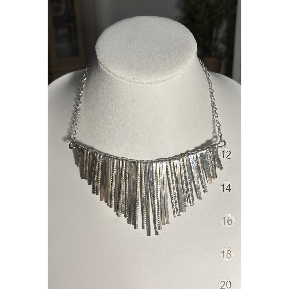 GUESS Silver Gunmetal Bar Fringe Bib Statement Necklace Art Deco